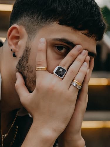 KeyStyle Square Gemstone Signet Rings for Men, Personalized Stainless Steel Pinky Ring with Black Onxy Blue Topaz Birthstone Statement Ring - color: 316L Stainless Steel-Black Onyx-15mm