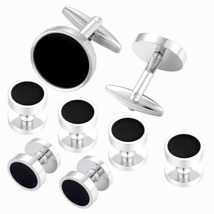 Cufflinks for Men and Tuxedo Shirt Studs Set with Gift Box Stainless Steel Cuff links - style: Silver/Black