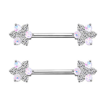 14G Opal Flower CZ Nipple Barbell Nipple Ring Piercing Jewelry for Women - color: silver cz