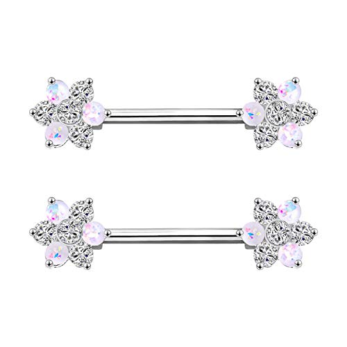 14G Opal Flower CZ Nipple Barbell Nipple Ring Piercing Jewelry for Women - color: silver cz