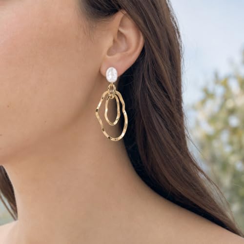 Gold Irregular Oval Drop Earrings for Women with Faux Pearl Studs, Lightweight Geometric Statement Dangle Earrings for Daily Wear Party Wedding Gift
