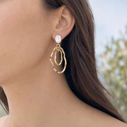 Gold Irregular Oval Drop Earrings for Women with Faux Pearl Studs, Lightweight Geometric Statement Dangle Earrings for Daily Wear Party Wedding Gift