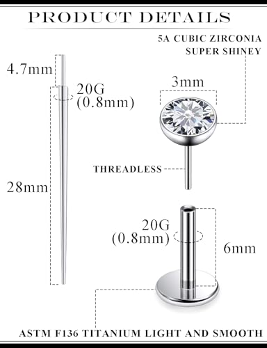 20G 18G 16G F136 Titanium Threadless Flat Back Earrings Nose Studs Tragus Forward Helix Conch Cartilage Lobe Earrings Medusa Labret Snake Bite Monroe Lip Ring Piercing Jewelry For Women Men - size: 20G-6MM Bar-CZ 3MM