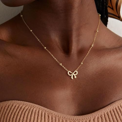 Thaivor Necklace for Women Dainty Bow Necklace 14K Gold Plated Cute Choker Small Pendant Charm Necklaces Teen Gift Trendy Stuff Personalized Jewelry Gifts - color: Gold-Bead-2