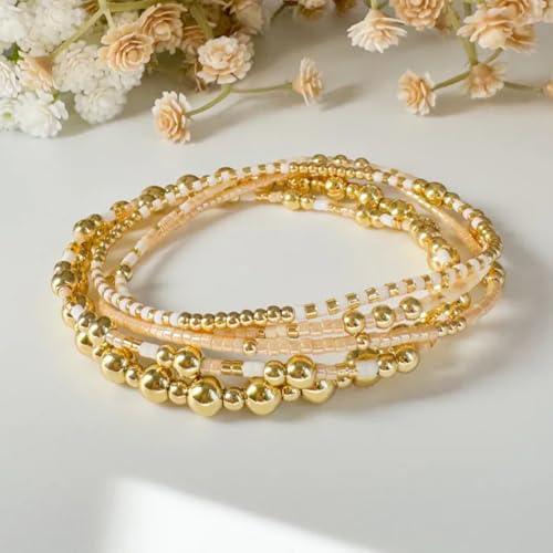 5Pcs Stack Gold Plated Ball Beaded Bracelets Set for Women, Boho Handmade Colorful Glass Pearl Stretch Accessories Jewelry, Summer Beach Daily Wear Holiday Friendship Gift - color: Peach