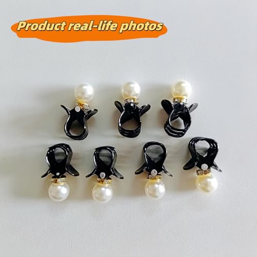 Mini Pearl Claw Clips for Women Girls, Black, 7 Pcs | Small Non Slip Jaw Clips, Strong Hold, For Thin Thick Curly Hair, Decorative Hair Barrettes