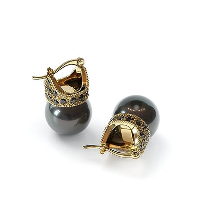 Glass Pearl Earrings Crystal Accent Crown Shape for Wedding, Bridal, Formal & Fashion - color: Black/Gold