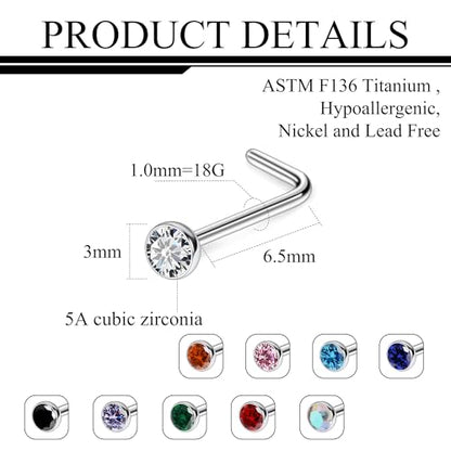 Ruifan ASTM F136 Titanium Nose Rings 18G 20G 22G Jeweled Mix Color Cubic Zirconia Nose Studs Ring Screw L-Shaped Bone Hypoallergenic Body Piercing Jewelry for Women 1.5mm 2mm 2.5mm 3mm 10PCS - style: L-Shaped:18G(1.0mm)-3mm CZ