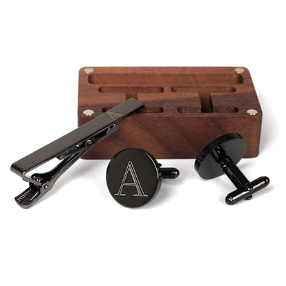 Mens Initial Cufflinks and Tie Clip A-Z Alphabet Letter Black Stainless Cuff Links Tie Bar with Engraved Walnut Wood Box Groom Groomsman Wedding Set - style: Classic-A