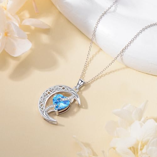 TOUPOP Moon and Star Birthstone Necklace for Women 925 Sterling Silver Celtic Moon Jewelry Birthday Mothers Day Gifts for Mom Wife Her - color: 03-March-Aquamarine