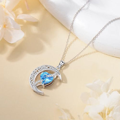 TOUPOP Moon and Star Birthstone Necklace for Women 925 Sterling Silver Celtic Moon Jewelry Birthday Mothers Day Gifts for Mom Wife Her - color: 03-March-Aquamarine
