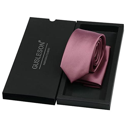 GUSLESON 2.4" Slim Necktie and Handkerchief Set For Men Solid Skinny Tie Set - color: Dusty Rose
