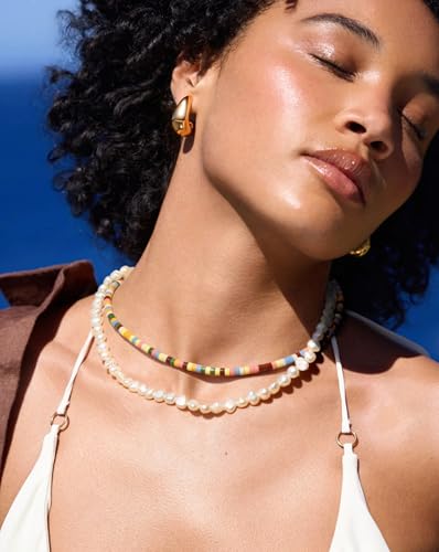 Aobei Pearl Gemstone Beaded Choker Necklace for Women Boho Turquoise/Cultured Freshwater Pearls/Garnet/Amazonite Jewelry - color: P Colorful Lava Beads