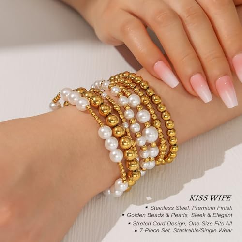 KISS WIFE Gold Beaded Bracelets for Women, Stackable Stretch Bracelet Set | 13 stretch bracelets combine polished gold-tone beads and faux pearls for stacked or individual everyday styling. - color: Gold Stainless Steel
