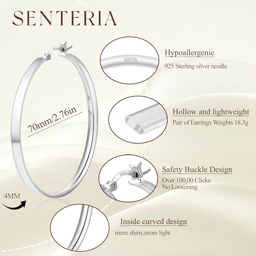 Senteria Lightweight Gold Hoop Earrings for Women 4mm Wide Large Hoop Earrings 14K Real Gold Plated Hypoallergenic Hoops Earring Big Thin Earring Hoops for Women 30/40/50/60/70mm - style: 70mm silver