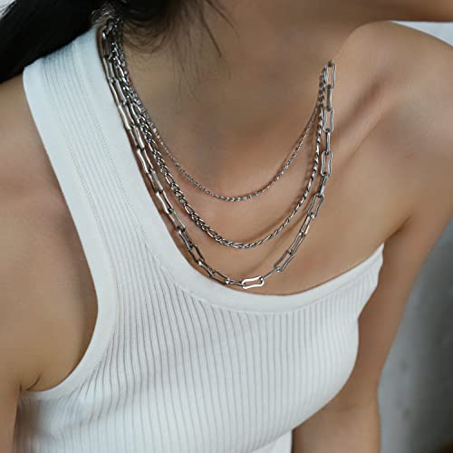 Elegance 11 designs Gold/Silver Stainless Steel Layered Set Necklace Square Linear Paperclip Figaro Chain Flat Chain Thick Short Metal Men's Women's Pop Necklace - color: Silver 3 layers