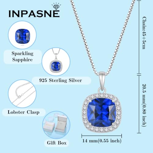 Birthstone Necklace for Women 925 Sterling Silver Princess Cut Halo Necklace Pendant Jewelry for Mom Wife - color: Royal Blue