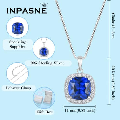 Birthstone Necklace for Women 925 Sterling Silver Princess Cut Halo Necklace Pendant Jewelry for Mom Wife - color: Royal Blue