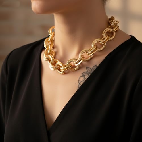 Chunky Gold Necklace, Statement Cuban Link Chain Necklaces, Punk Short Thick Gold Chain Necklace Fashion Jewelry for Women