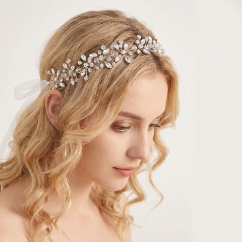 Crystal Bridal Headband Flower Girl Headpiece Silver Wedding Headpieces | Sparkling, Rhinestone Flower Girl Hair Accessory for Wedding Birthday Party First Communion