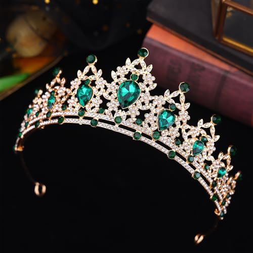 Crystal Crown and Tiara Jewelry Set for Women Bride with Necklace Earrings | Metal Rhinestone Royal Queen Princess Jewelry Set Wedding Quinceanera Pageant Prom Birthday Halloween Party Costume Gift - color: Green