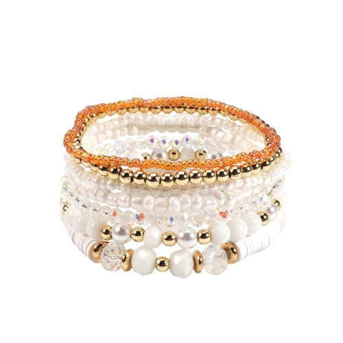 7Pcs Bohemia Multilayer Stackable Crystal Beaded Bracelet Set Multicolor Surfer Heishi Clay Gold Beaded Friendship Stretch Bracelets for Women Men Summer Beach Boho Vacation Jewelry Gifts - color: Z-White