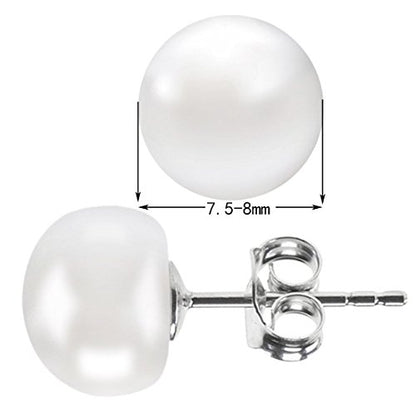 ALYC Pearl Earrings Freshwater Pearl White Button Stud Earrings with 925 Sterling Silver for Women - size: 7.5-8.0mm