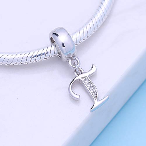 925 Sterling Silver Letter Charms Fits Pandora Bracelets, Gift for Women | A-Z Alphabet Initial Charm with CZ,Great gift for Christmas, Valentine's Day, Mother's Day. - color: T