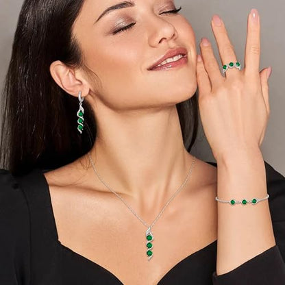 Crysdue Wedding Bridal Teardrop CZ Pendant Necklace Open Ring Dangle Earrings Adjustable Slider Bracelet Jewelry Set, Birthday Mothers Day Christmas Jewellery Gift for Women/Mom/Wife - style: 04-4pcs-Emerald CZ