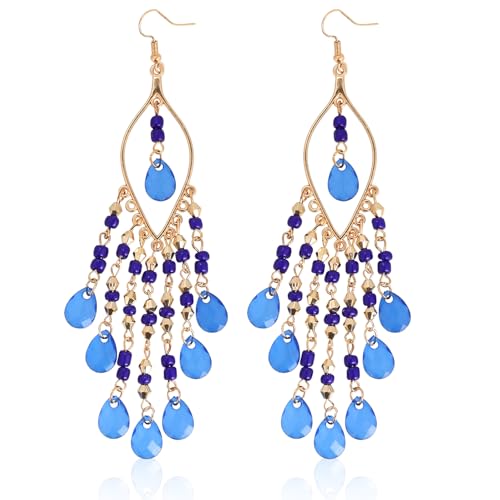 Boho Chandelier Earrings, Beaded Tasse Dangle Earring for Women, Red, Black, Blue, White, Colorful Long Earrings - color: Blue