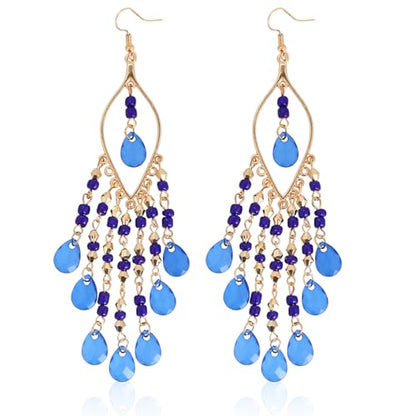 Boho Chandelier Earrings, Beaded Tasse Dangle Earring for Women, Red, Black, Blue, White, Colorful Long Earrings - color: Blue