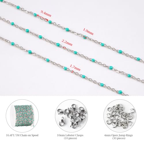 KYUNHOO 16.4 Feet Turquoise Green Bead Chain for Crafts with Jewelry Clasps | Thin Stainless Steel Necklace Making Chains Bulk on Spool with Lobster Clasps Jump Ring Jewelry Findings - color: Silver-Tuoquise-2mm