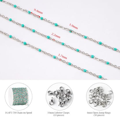 KYUNHOO 16.4 Feet Turquoise Green Bead Chain for Crafts with Jewelry Clasps | Thin Stainless Steel Necklace Making Chains Bulk on Spool with Lobster Clasps Jump Ring Jewelry Findings - color: Silver-Tuoquise-2mm
