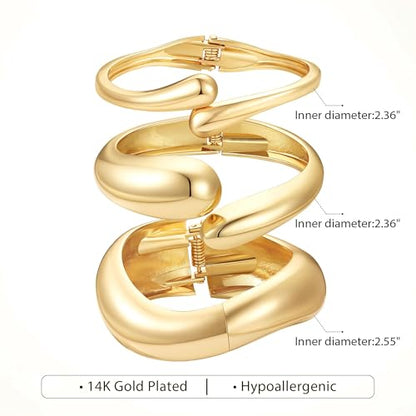 M MOOHAM Chunky Gold Bangle Bracelets for Women, Dainty 14k Gold-Plated Thicker Statement Bangles Twist Cuff Bracelet Set Stack for Women Non Tarnish Trendy Jewelry Gifts - color: 04. Wave & Drops Bangles-3PCS