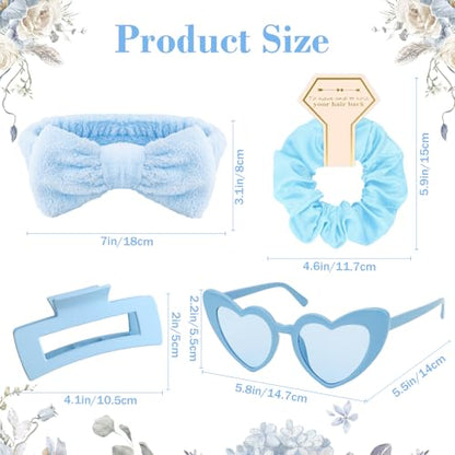 Semato 4 Pcs Blue Bridesmaid Proposal Gifts Bridesmaid Spa Headband, Hair Claw Clips, Heart Shaped Sunglasses and Smooth Satin Scrunchies - color: Blue