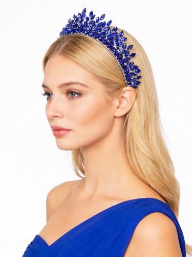 Bridal Rhinestone Headband Wedding Hair Accessories for Women, Pearl Crystal Headband Wedding Costume Headpieces for Brides Princess Quinceanera Christmas Party Prom Birthday(Blue) - color: Blue