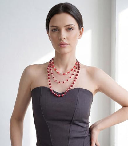 Noessla Layered Beaded Necklaces for Women - 3 Strand Boho Statement Choker Fashion Jewelry Gifts - color: Red