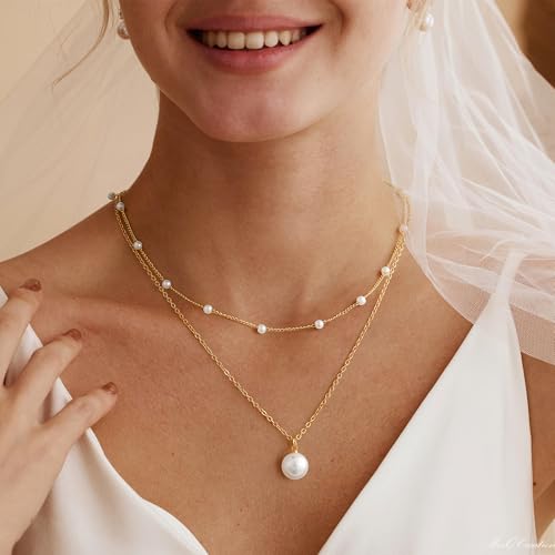 Gold Pearl Necklaces for Women Trendy, Fashionable 18K Gold Plated Dainty Necklace Simple Layered Pearl Necklaces for Women Trendy Wedding Birthday Jewelry - color: 3 Pearls
