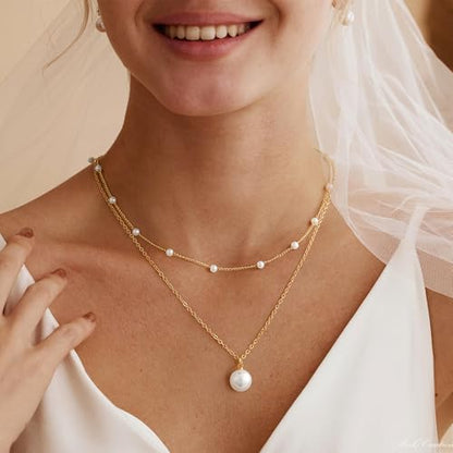 Gold Pearl Necklaces for Women Trendy, Fashionable 18K Gold Plated Dainty Necklace Simple Layered Pearl Necklaces for Women Trendy Wedding Birthday Jewelry - color: 2 Pearls