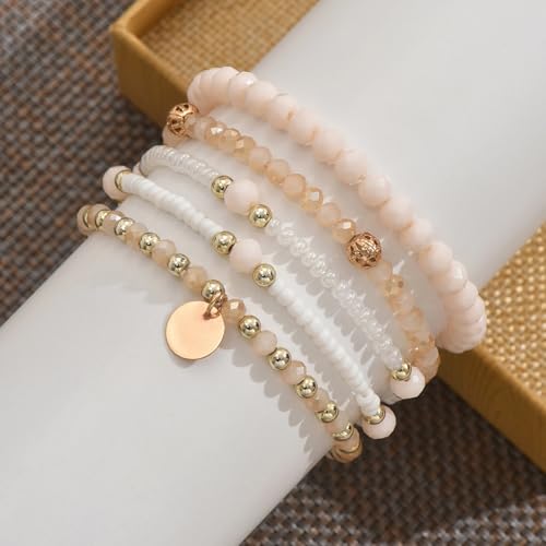 Bohemian Handmade Crystal Seed Beads Disc Pendant Colorful Multilayered Elastic Bracelets Stackable Stretch Strand Bangles Friendship Summer Beach Jewelry for Women - color: beige