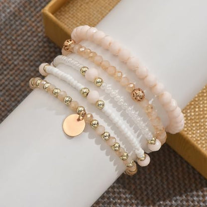 Bohemian Handmade Crystal Seed Beads Disc Pendant Colorful Multilayered Elastic Bracelets Stackable Stretch Strand Bangles Friendship Summer Beach Jewelry for Women - color: beige