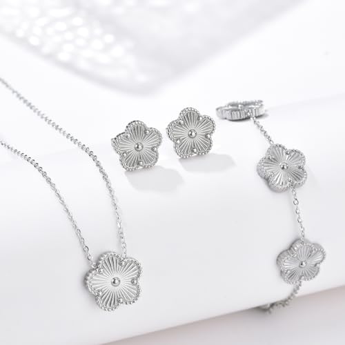 Clover Neckalce Earring Set for Women 14K Gold Plated Stainless Steel Four Leaf Clover Jewelry Set - color: Silver
