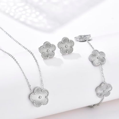 Clover Neckalce Earring Set for Women 14K Gold Plated Stainless Steel Four Leaf Clover Jewelry Set - color: Silver