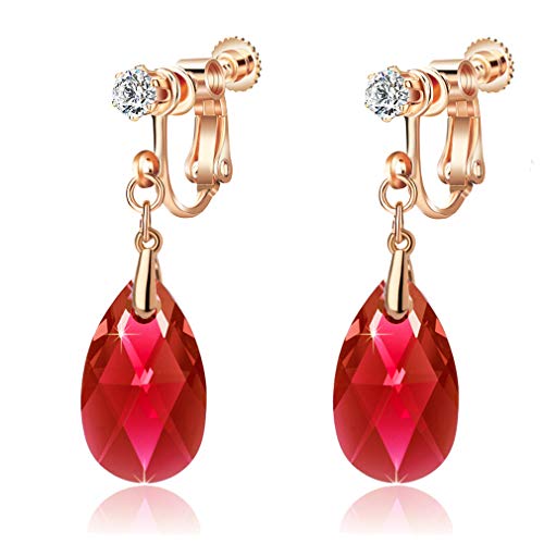 EVEVIC Austrian Crystal Teardrop Clip On Drop Earrings for Women | Adjustable Screw-Back Fit, 14K Rose Gold-Plated, Soft Silicone Pads Included, Comfortable For Pierced Or Non-Pierced Ears - color: Red