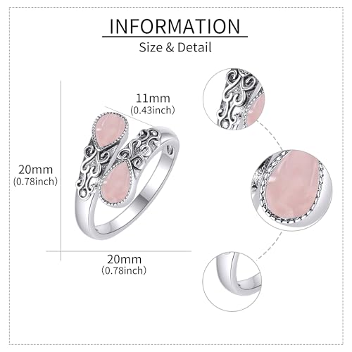Ring for Women Sterling Silver Adjustable Band Open Rings Jewelry Gifts for Girls - style: Rose Quartz