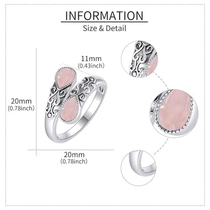 Ring for Women Sterling Silver Adjustable Band Open Rings Jewelry Gifts for Girls - style: Rose Quartz