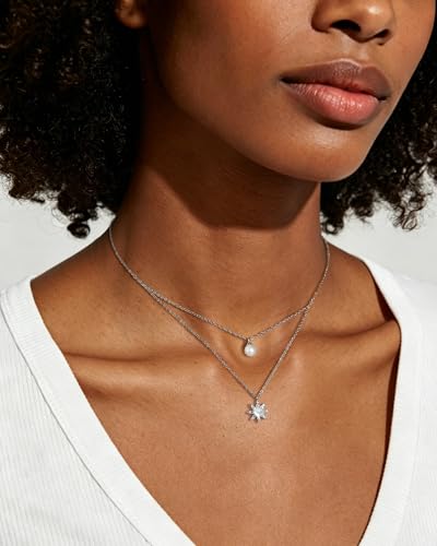 Silver Layered Necklaces For Women Double Chain Necklace With Pearl And Moonstone Sun Pendant 2Pcs Dainty Stackable Necklaces Cubic Zirconia Layered Necklace For Women Daily Wear