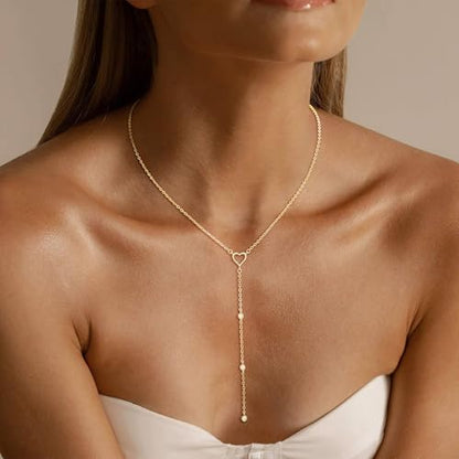 CHESKY Lariat Gold Necklace for Women, Dainty Long Necklace 14k Gold Plated Y-Shaped Pendant Necklace Trendy Layered CZ Beaded Chain Drop Necklaces Simple Gold Jewelry for Women Gifts - color: 10
