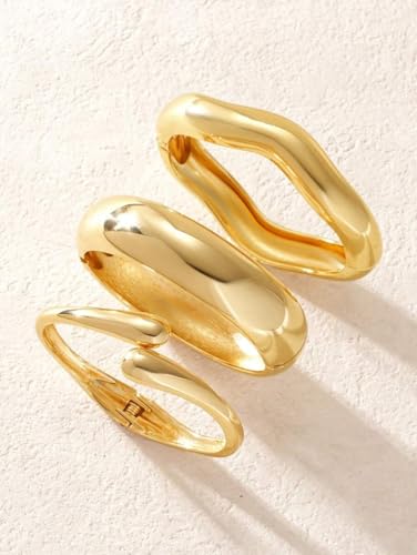 Chunky Gold Bangle Bracelets for Women, 14k Gold Plated Dainty Cuff Stackable Bangles Set, Trendy Bracelet Stack Fashion Jewelry Gifts - color: 03-GOLD