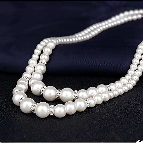 tenghong2021 Fashion Classic Faux Pearl Jewelry Set Necklace Bracelet Earrings for Women Best Gift - color: White Double Layered